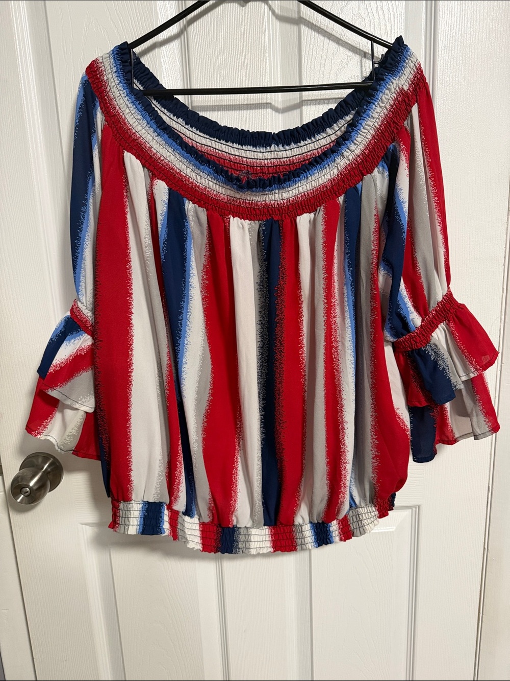 Ashley Stewart Red White Navy Striped Smocked Off-Shoulder Top